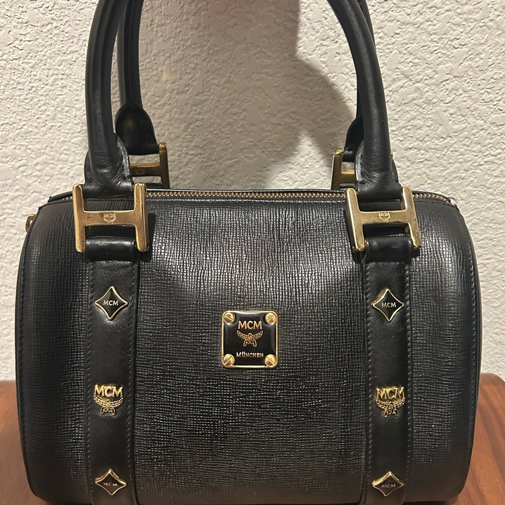 MCM Black Leather Mini Boston Satchel with Gold Hardware
